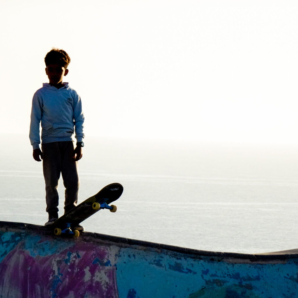 Kid skate the Taghazout skatepark in January 2024
